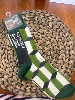Blue Q Men’s Green and White Geometric Crew Socks - "This Meeting Is Bullshit"